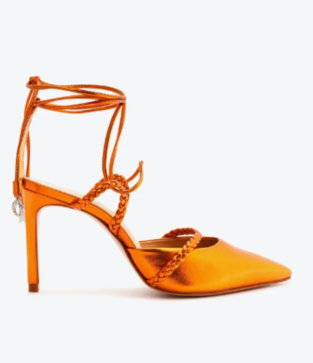 NWOT Schutz Lunah Metallic Leather Braided Strap Lace-Up Pump Orange Women US 7